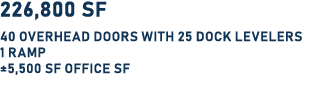 226,800 SF 40 OVERHEAd DOORS WITH 25 DOCK LEVELERS 1 Ramp ±5,500 SF office SF